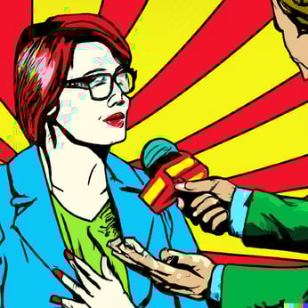 DALL·E 2023-07-24 12.43.51 - Someone conducting an interview with a journalist using pop-art style.