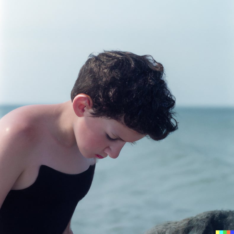 DALL·E 2023-08-06 10.52.44 - A close-up of a teenage boy wearing a swimsuit standing at the edge of the rock at a sandy beach, looking down into the water with an expression of un