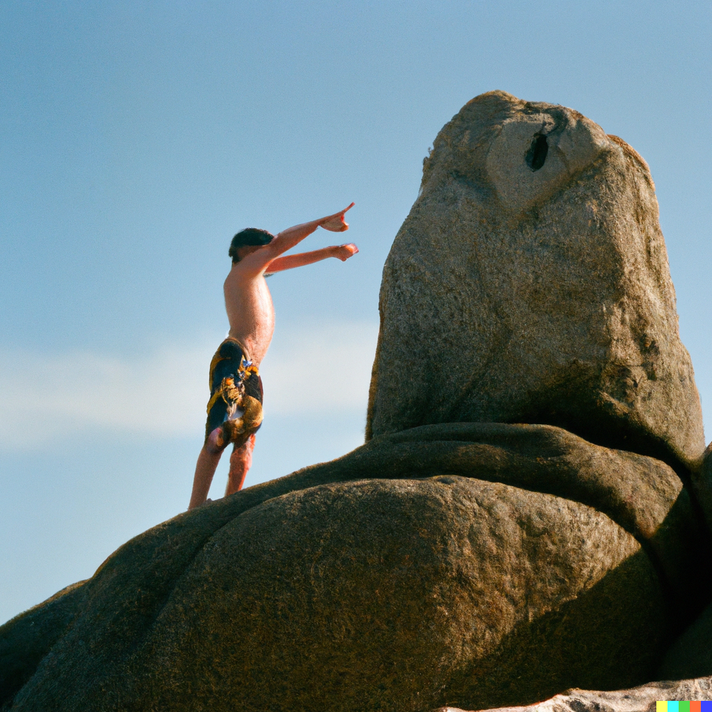 DALL·E 2023-08-06 10.53.44 - An image of teenage boy wearing a swimsuit standing on top of a towering rock at a sandy beach and calling out, “Hey Guys” trying to get the attention
