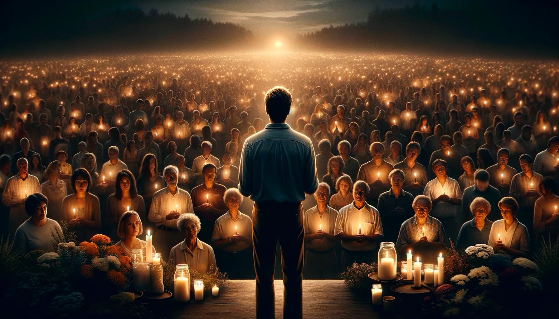 Emotional Marketing - Create an evocative image capturing a solitary man standing before a crowd of people from various walks of life, each with a candle in hand. The setti